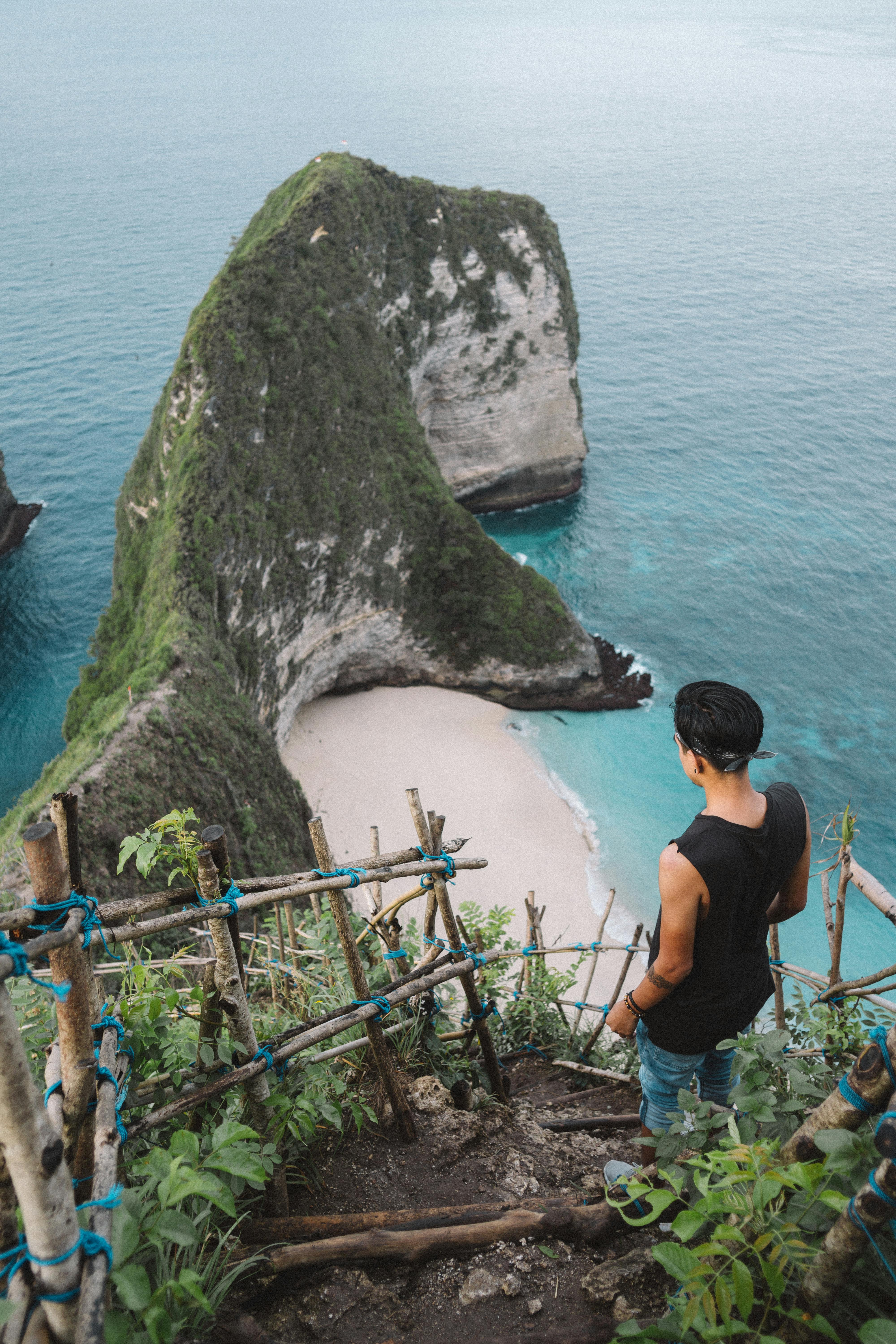 Aerial view of Diamond Beach on Nusa Penida island, turquoise water and white cliffs