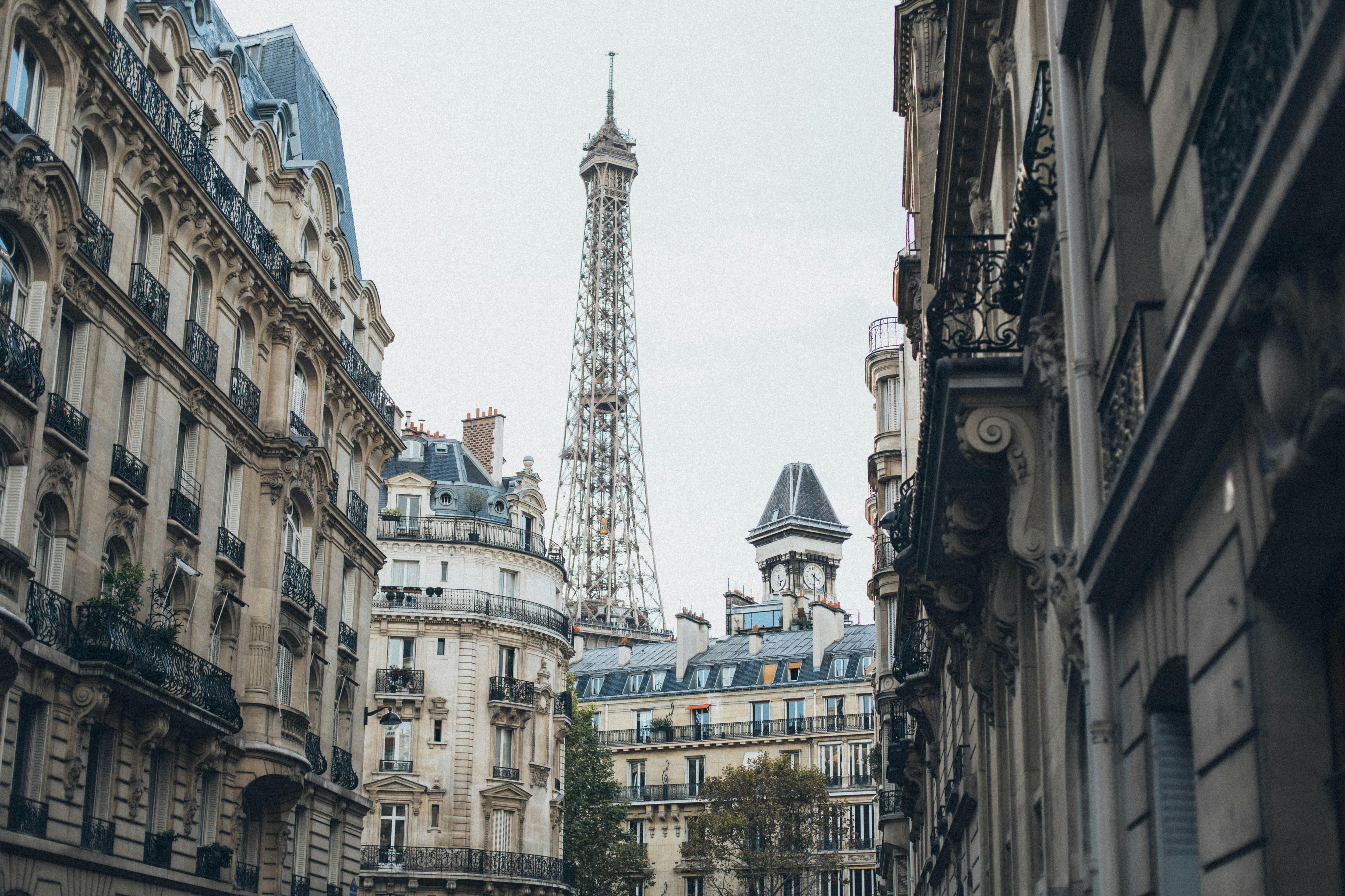 Parisian street with Eiffel Tower in the background