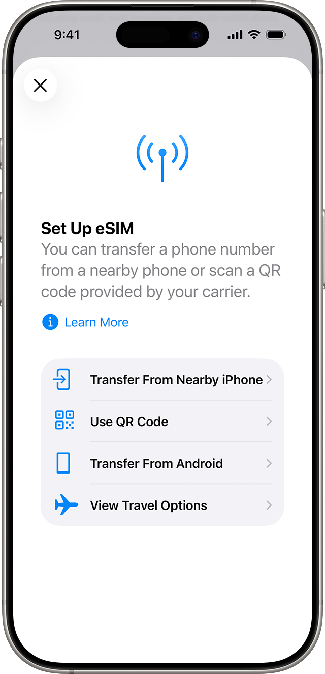 iPhone eSIM setup screen showing QR code and transfer options